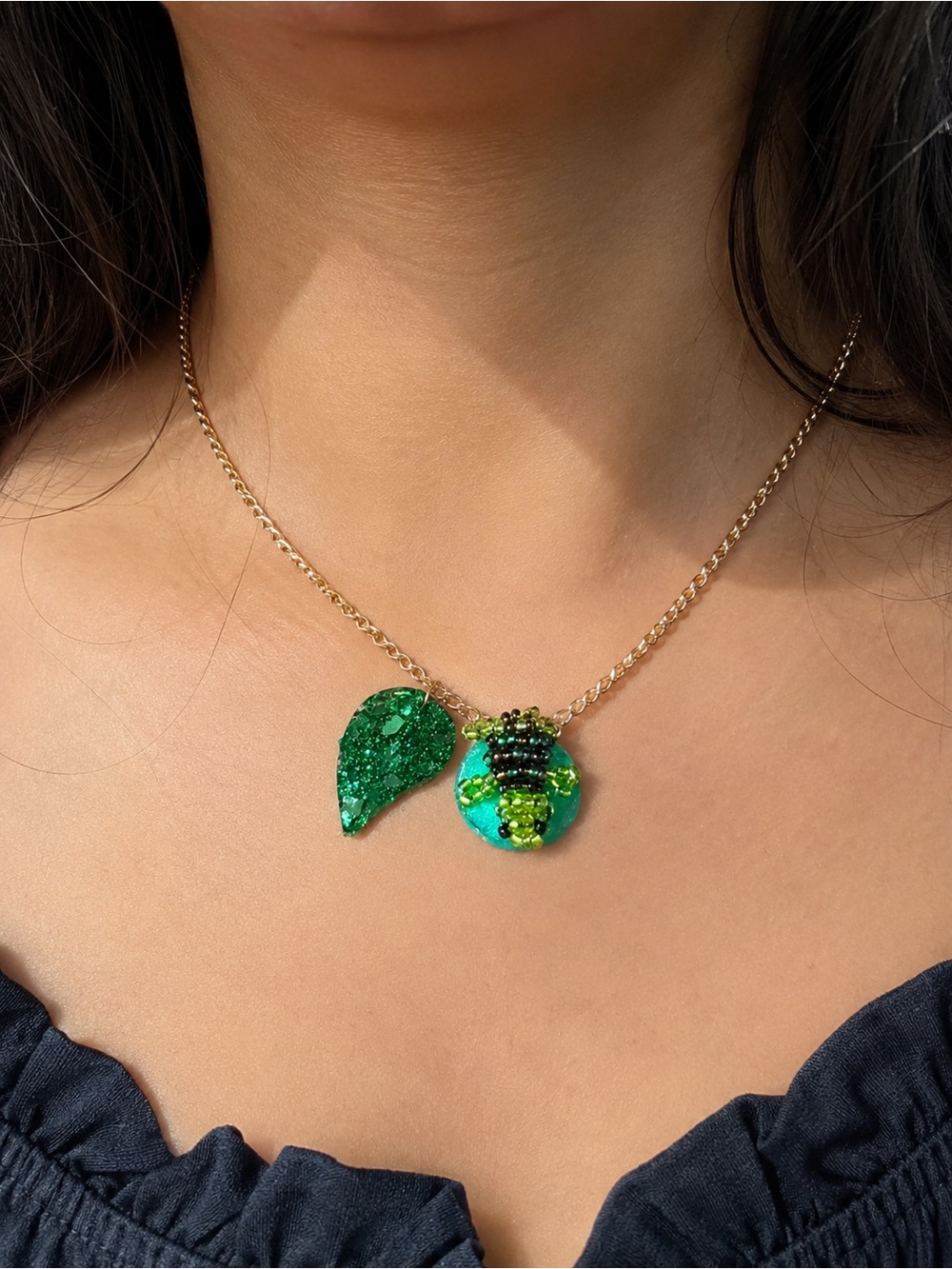 Handmade Green Leaf & Beaded turtle Charm Necklace Nature Inspired Unique